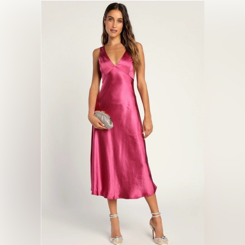 NWT - Lulus Incredible Love Magenta Pink Satin Cowl Back Midi Slip Dress
